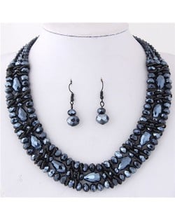 Triple Layers Crystal Beads Weaving Style Alloy Costume Necklace and Earrings Set - Ink Blue