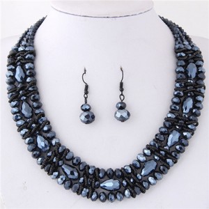 Triple Layers Crystal Beads Weaving Style Alloy Costume Necklace and Earrings Set - Ink Blue