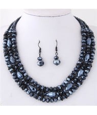 Triple Layers Crystal Beads Weaving Style Alloy Costume Necklace and Earrings Set - Ink Blue