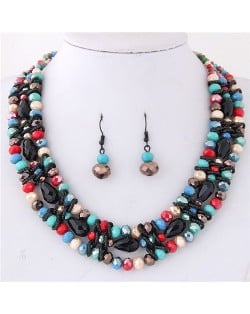 Triple Layers Crystal Beads Weaving Style Alloy Costume Necklace and Earrings Set - Multicolor