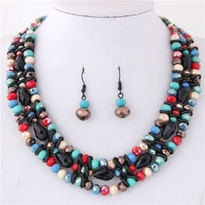 Triple Layers Crystal Beads Weaving Style Alloy Costume Necklace and Earrings Set - Multicolor