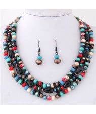 Triple Layers Crystal Beads Weaving Style Alloy Costume Necklace and Earrings Set - Multicolor