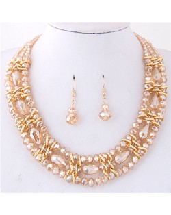 Triple Layers Crystal Beads Weaving Style Alloy Costume Necklace and Earrings Set - Champagne