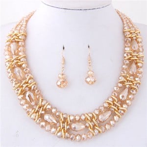 Triple Layers Crystal Beads Weaving Style Alloy Costume Necklace and Earrings Set - Champagne