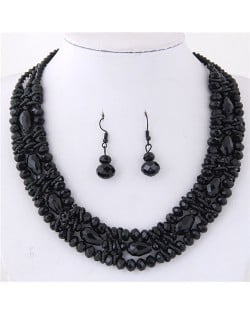 Triple Layers Crystal Beads Weaving Style Alloy Costume Necklace and Earrings Set - Black