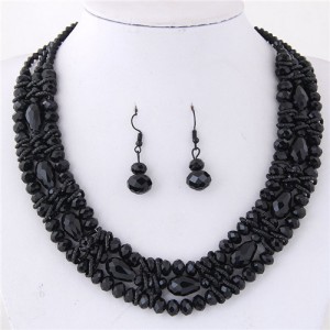 Triple Layers Crystal Beads Weaving Style Alloy Costume Necklace and Earrings Set - Black