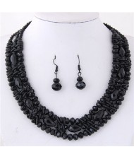 Triple Layers Crystal Beads Weaving Style Alloy Costume Necklace and Earrings Set - Black