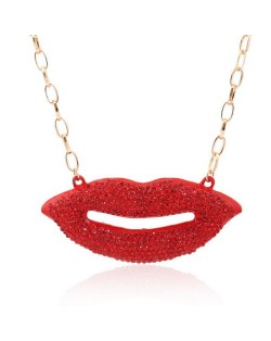 Rhinestone Embellished Red Lips Pendant High Fashion Costume Necklace