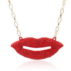 Rhinestone Embellished Red Lips Pendant High Fashion Costume Necklace