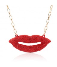 Rhinestone Embellished Red Lips Pendant High Fashion Costume Necklace