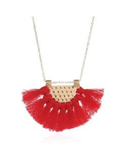 Cotton Threads Tassel Fan Shape Pendant Bohemian Style Women Statement Necklace - Red