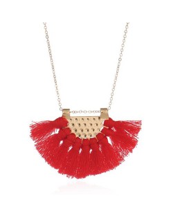 Cotton Threads Tassel Fan Shape Pendant Bohemian Style Women Statement Necklace - Red