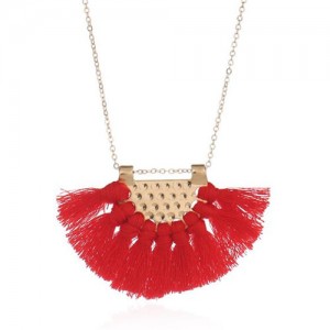 Cotton Threads Tassel Fan Shape Pendant Bohemian Style Women Statement Necklace - Red