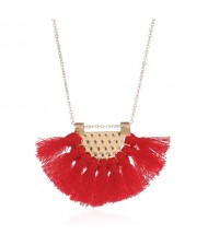 Cotton Threads Tassel Fan Shape Pendant Bohemian Style Women Statement Necklace - Red