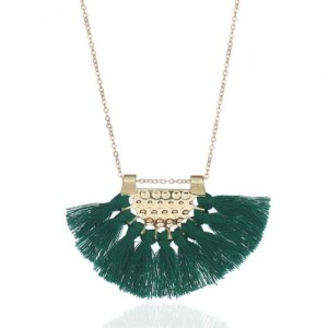 Cotton Threads Tassel Fan Shape Pendant Bohemian Style Women Statement Necklace - Green