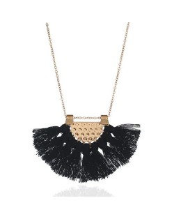 Cotton Threads Tassel Fan Shape Pendant Bohemian Style Women Statement Necklace - Black