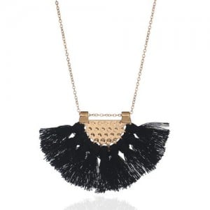 Cotton Threads Tassel Fan Shape Pendant Bohemian Style Women Statement Necklace - Black