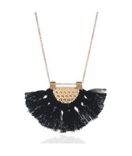 Cotton Threads Tassel Fan Shape Pendant Bohemian Style Women Statement Necklace - Black