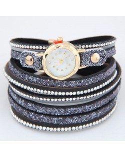Shining Beads Embellished Multi-layers High Fashion Wrist Watch - Black