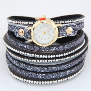 Shining Beads Embellished Multi-layers High Fashion Wrist Watch - Black