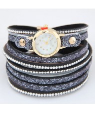 Shining Beads Embellished Multi-layers High Fashion Wrist Watch - Black