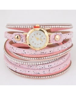 Shining Beads Embellished Multi-layers High Fashion Wrist Watch - Pink