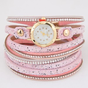 Shining Beads Embellished Multi-layers High Fashion Wrist Watch - Pink