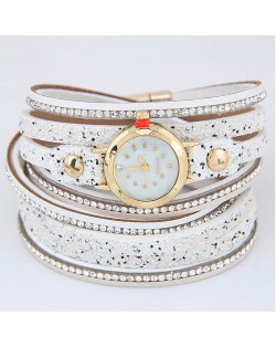 Shining Beads Embellished Multi-layers High Fashion Wrist Watch - White
