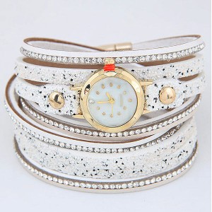 Shining Beads Embellished Multi-layers High Fashion Wrist Watch - White