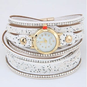 Shining Beads Embellished Multi-layers High Fashion Wrist Watch - White