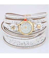 Shining Beads Embellished Multi-layers High Fashion Wrist Watch - White