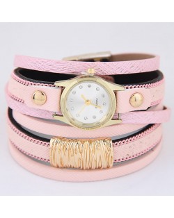 Golden Alloy Decorated Multi-layers Fashion Leather Wrist Watch - Pink