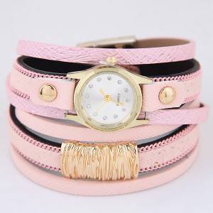 Golden Alloy Decorated Multi-layers Fashion Leather Wrist Watch - Pink