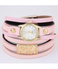 Golden Alloy Decorated Multi-layers Fashion Leather Wrist Watch - Pink