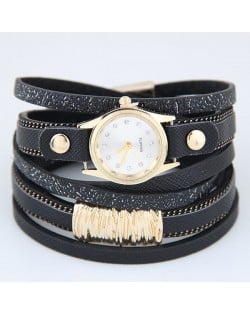 Golden Alloy Decorated Multi-layers Fashion Leather Wrist Watch - Black