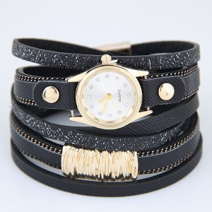 Golden Alloy Decorated Multi-layers Fashion Leather Wrist Watch - Black