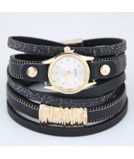 Golden Alloy Decorated Multi-layers Fashion Leather Wrist Watch - Black