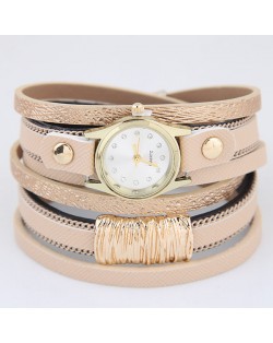 Golden Alloy Decorated Multi-layers Fashion Leather Wrist Watch - Khaki