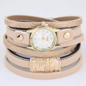 Golden Alloy Decorated Multi-layers Fashion Leather Wrist Watch - Khaki