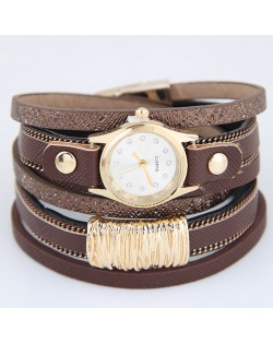 Golden Alloy Decorated Multi-layers Fashion Leather Wrist Watch - Coffee
