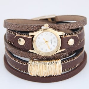 Golden Alloy Decorated Multi-layers Fashion Leather Wrist Watch - Coffee