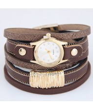 Golden Alloy Decorated Multi-layers Fashion Leather Wrist Watch - Coffee