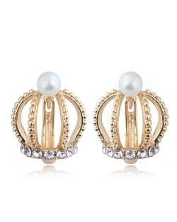 Rhinestone and Pearl Embellished Hollow Crown Korean Fashion Women Statement Earrings - Golden