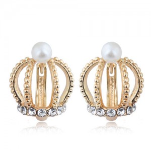 Rhinestone and Pearl Embellished Hollow Crown Korean Fashion Women Statement Earrings - Golden