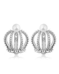 Rhinestone and Pearl Embellished Hollow Crown Korean Fashion Women Statement Earrings - Silver