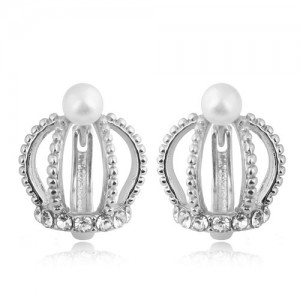Rhinestone and Pearl Embellished Hollow Crown Korean Fashion Women Statement Earrings - Silver