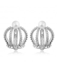 Rhinestone and Pearl Embellished Hollow Crown Korean Fashion Women Statement Earrings - Silver