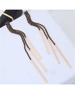 Glistening Rhinestone Tassel High Fashion Women Statement Earrings - Black
