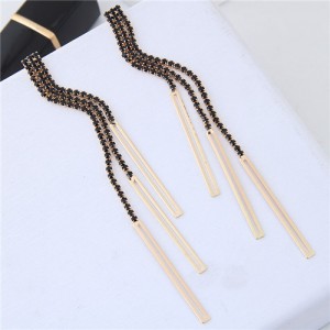 Glistening Rhinestone Tassel High Fashion Women Statement Earrings - Black