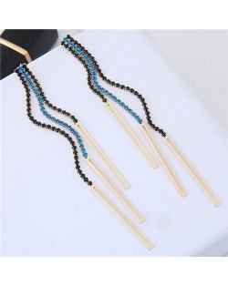 Glistening Rhinestone Tassel High Fashion Women Statement Earrings - Blue and Black